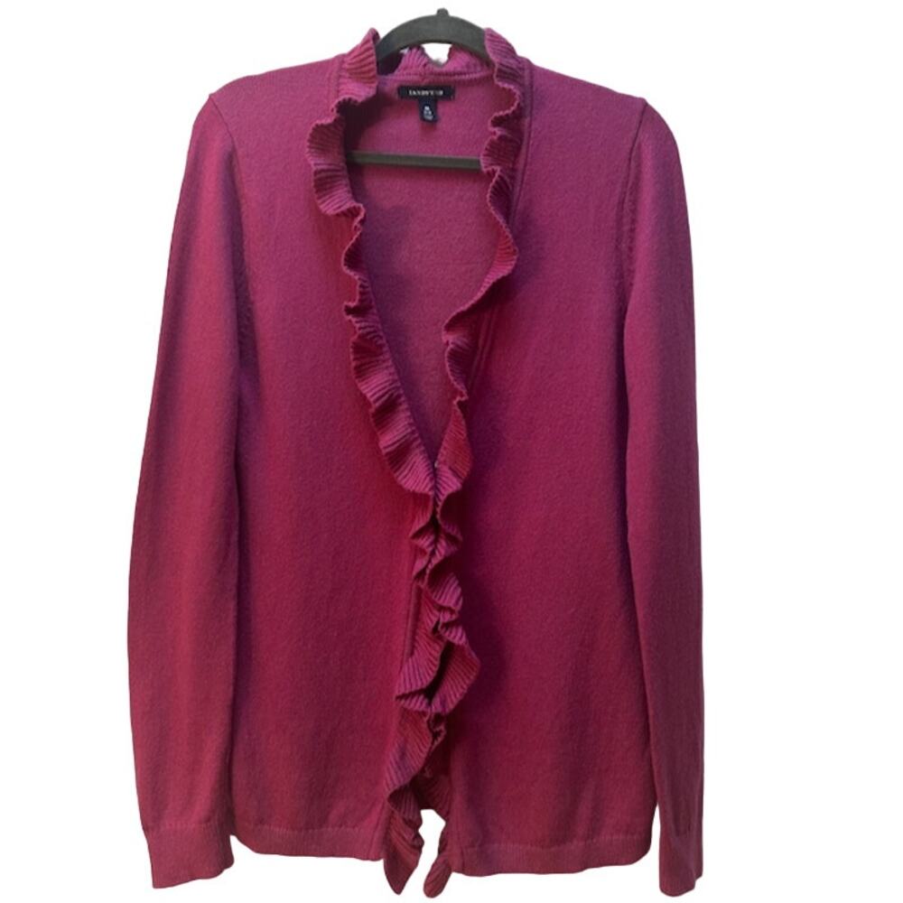 Lands End Women's Cardigan Raspberry Ruffle Front Open Cotton Wool Blend M 10-12